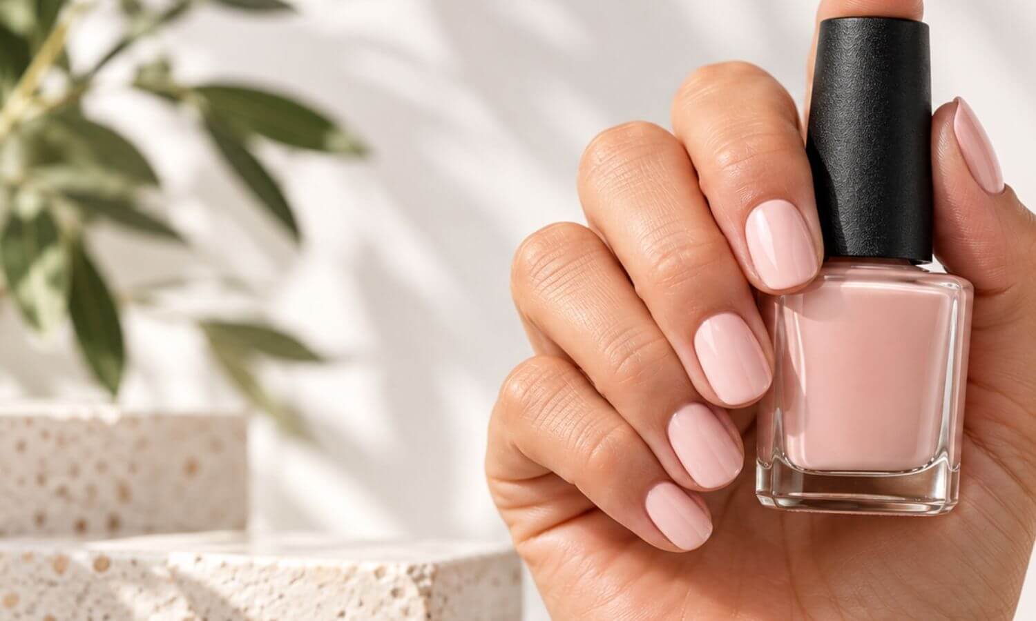 hand with polished nails holding a polish bottle